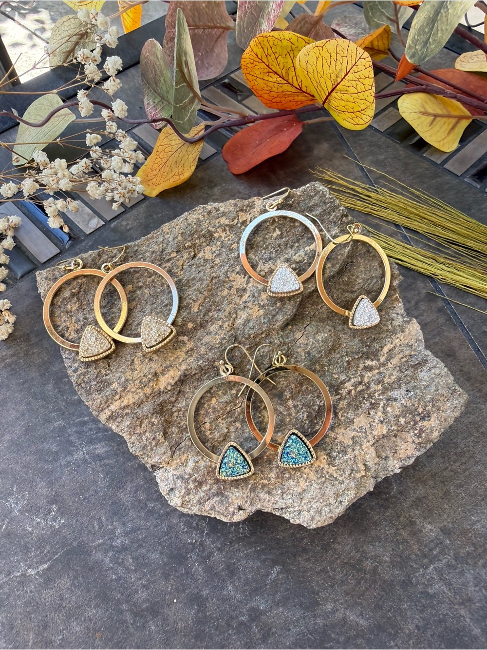 Gold Hoop Earrings with Triangle Druzy Accent - Women Jewelry